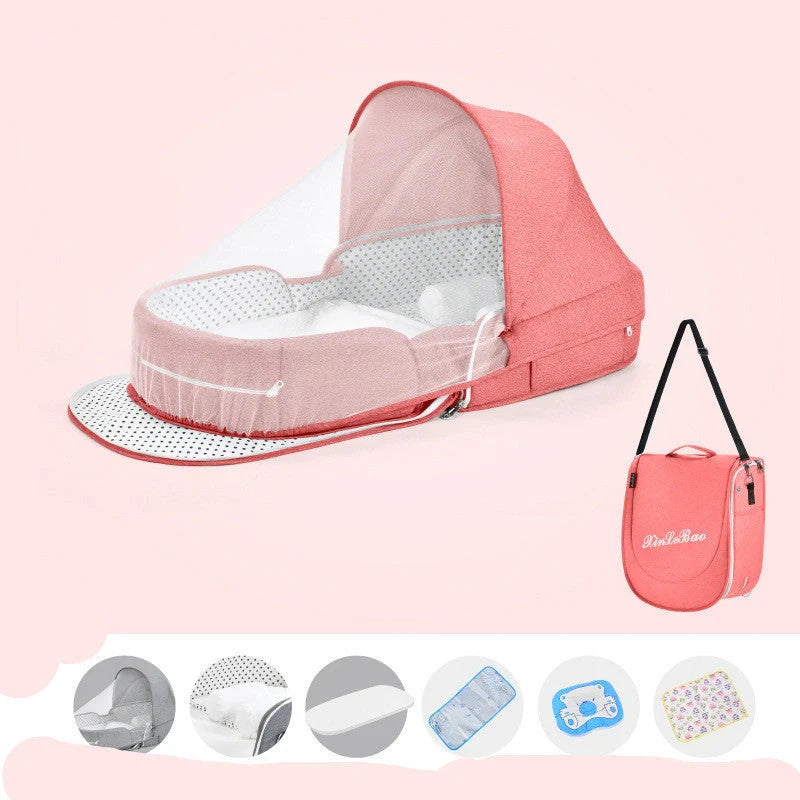 Multifunctional baby crib with sun protection and mosquito net, foldable for easy transport