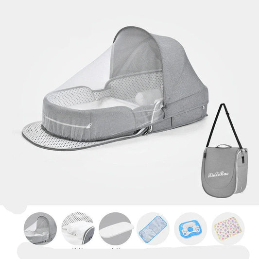 Multifunctional baby crib with sun protection and mosquito net, foldable for easy transport