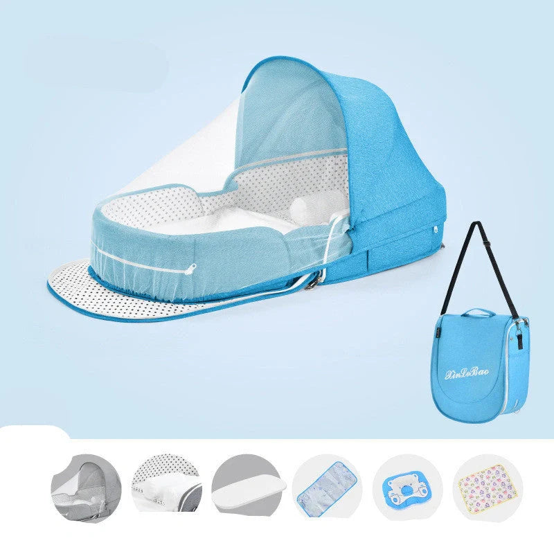 Multifunctional baby crib with sun protection and mosquito net, foldable for easy transport