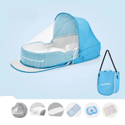 Multifunctional baby crib with sun protection and mosquito net, foldable for easy transport