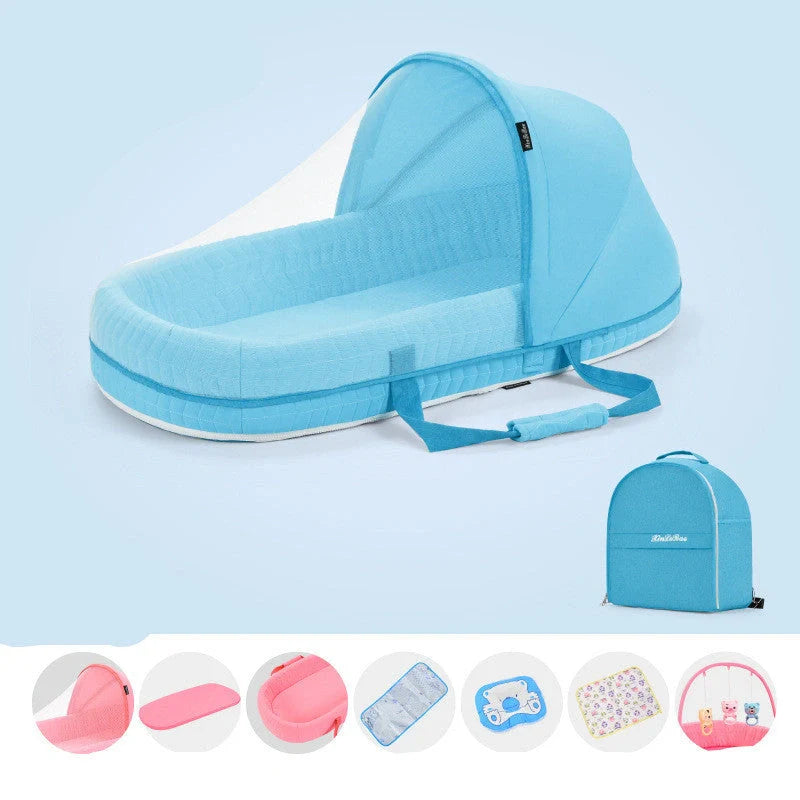 Multifunctional baby crib with sun protection and mosquito net, foldable for easy transport