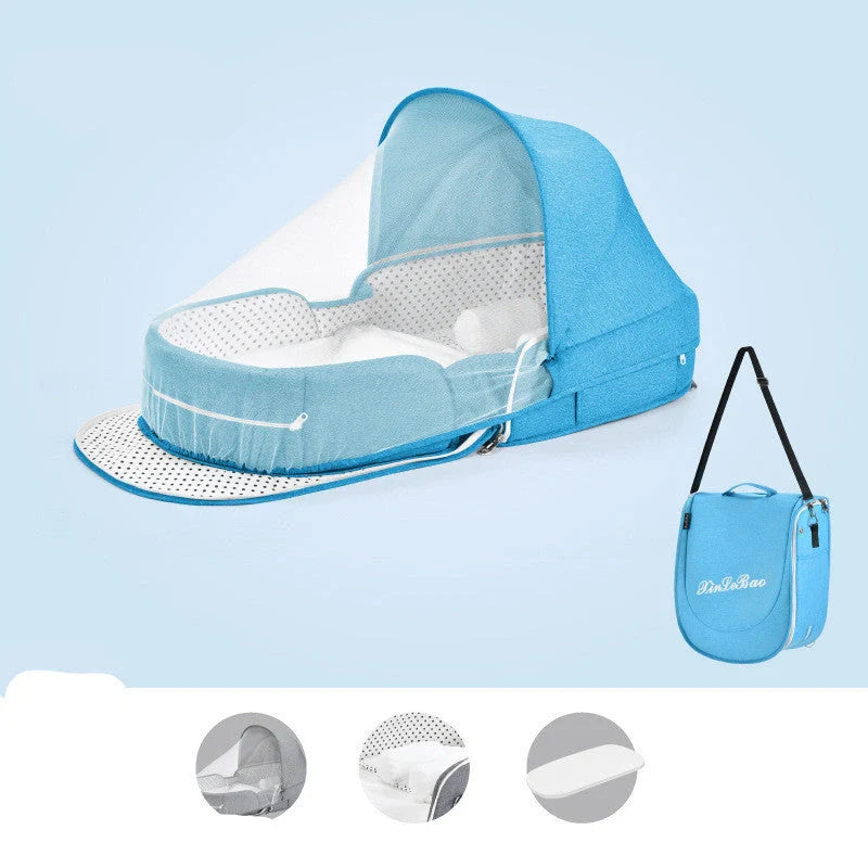 Multifunctional baby crib with sun protection and mosquito net, foldable for easy transport