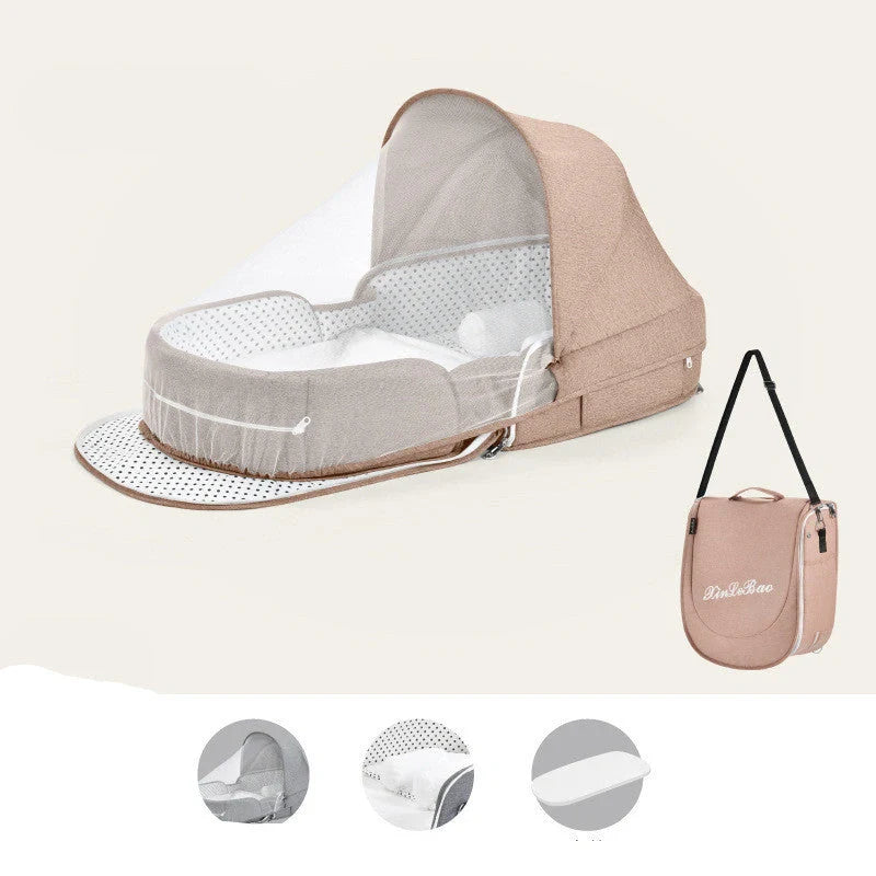 Multifunctional baby crib with sun protection and mosquito net, foldable for easy transport