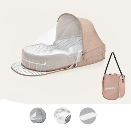 Multifunctional baby crib with sun protection and mosquito net, foldable for easy transport