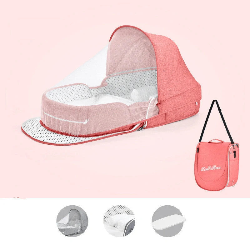 Multifunctional baby crib with sun protection and mosquito net, foldable for easy transport
