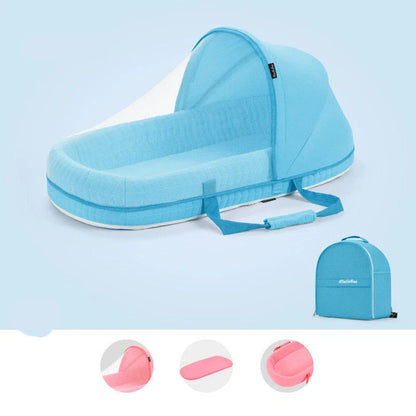 Multifunctional baby crib with sun protection and mosquito net, foldable for easy transport