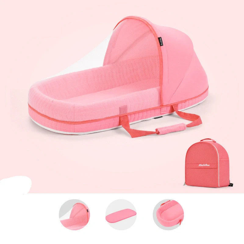 Multifunctional baby crib with sun protection and mosquito net, foldable for easy transport