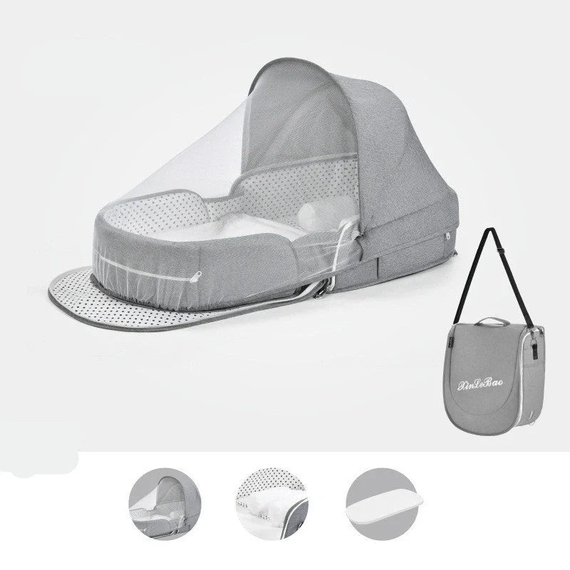 Multifunctional baby crib with sun protection and mosquito net, foldable for easy transport