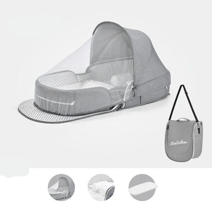 Multifunctional baby crib with sun protection and mosquito net, foldable for easy transport