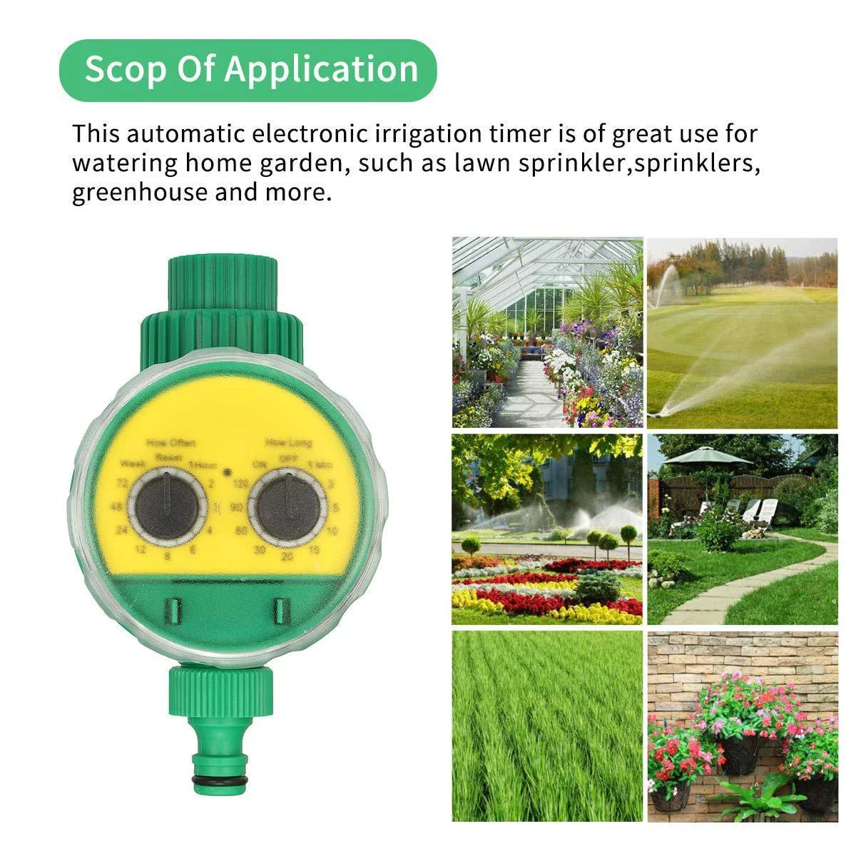Programmable garden watering timer with LCD display, automatic irrigation control, and customisable settings