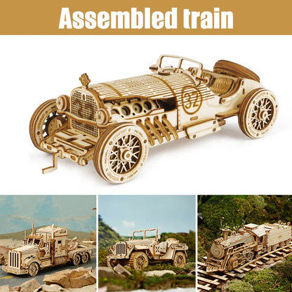Premium wooden train model kit with detailed components and instructions for DIY assembly