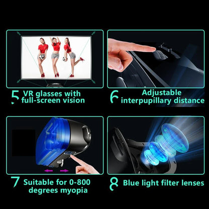 Virtual reality headset with adjustable optics, blue light-blocking lenses, and large headset for immersive 3D experiences on smartphones