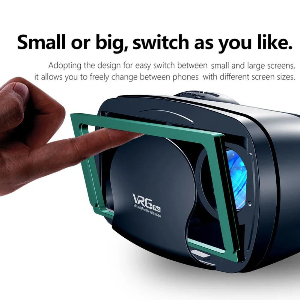 Virtual reality headset with adjustable optics, blue light-blocking lenses, and large headset for immersive 3D experiences on smartphones
