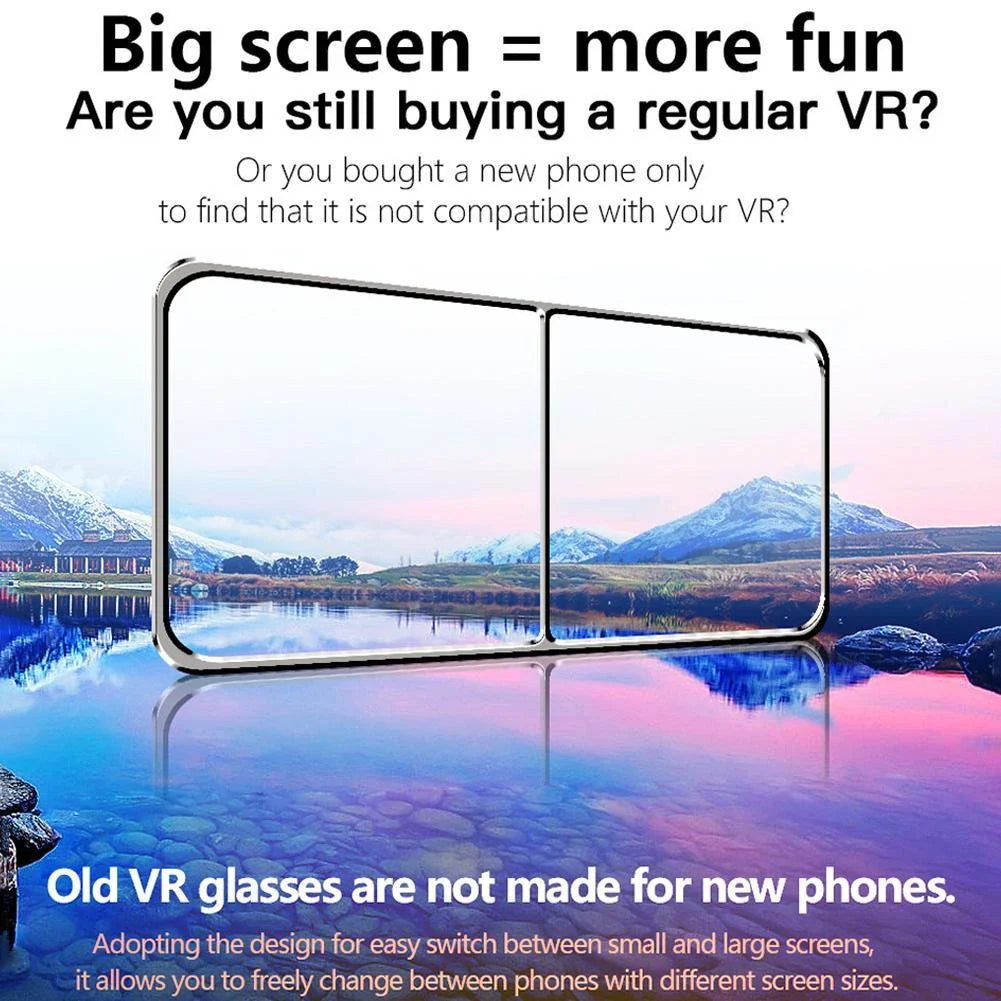 Virtual reality headset with adjustable optics, blue light-blocking lenses, and large headset for immersive 3D experiences on smartphones