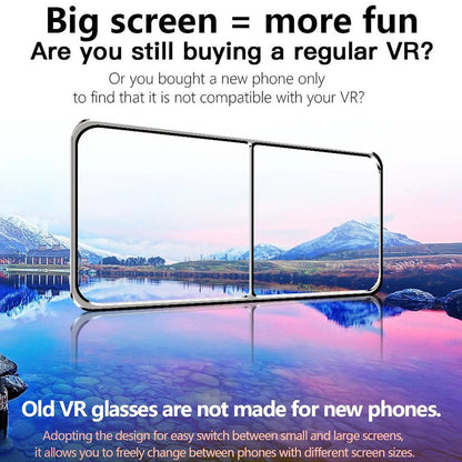 Virtual reality headset with adjustable optics, blue light-blocking lenses, and large headset for immersive 3D experiences on smartphones