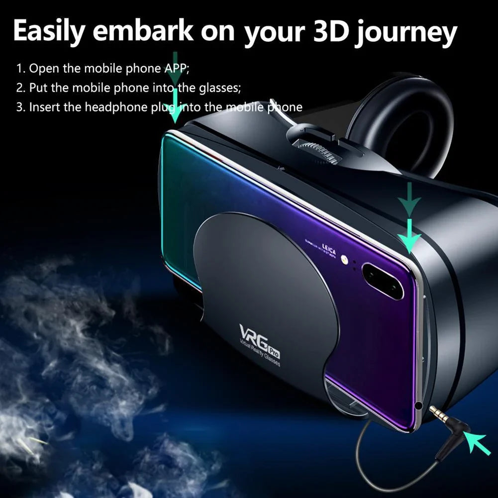 Virtual reality headset with adjustable optics, blue light-blocking lenses, and large headset for immersive 3D experiences on smartphones