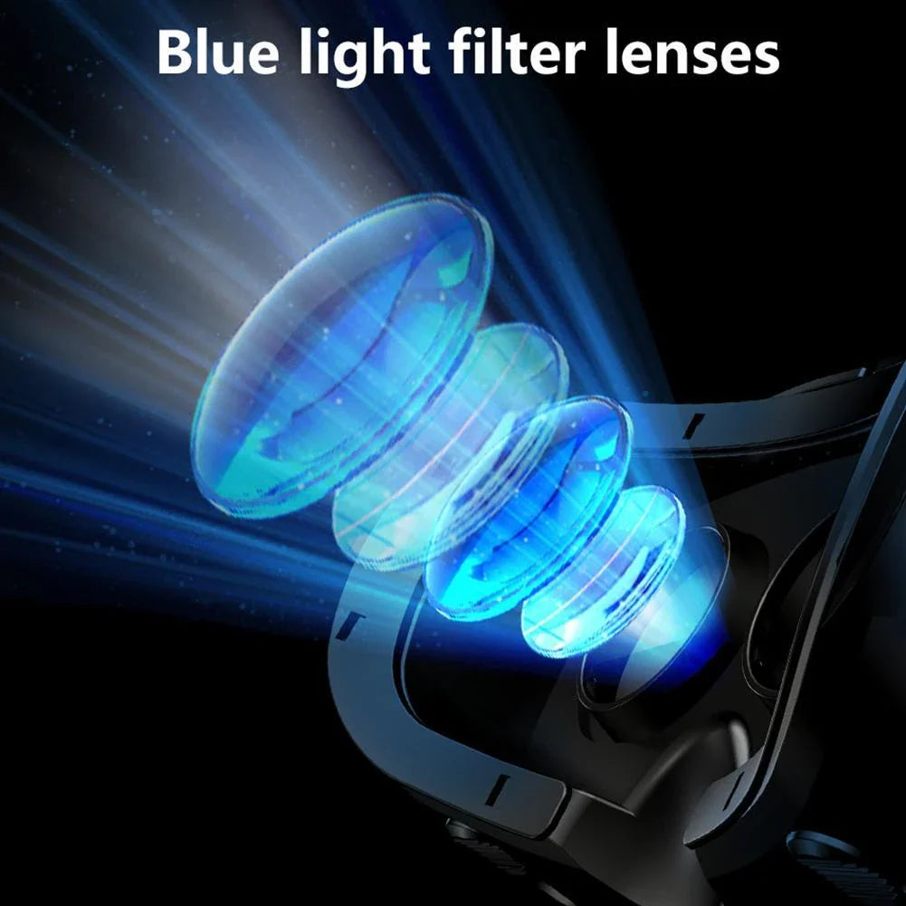 Virtual reality headset with adjustable optics, blue light-blocking lenses, and large headset for immersive 3D experiences on smartphones