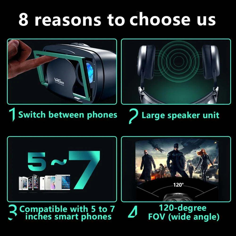 Virtual reality headset with adjustable optics, blue light-blocking lenses, and large headset for immersive 3D experiences on smartphones