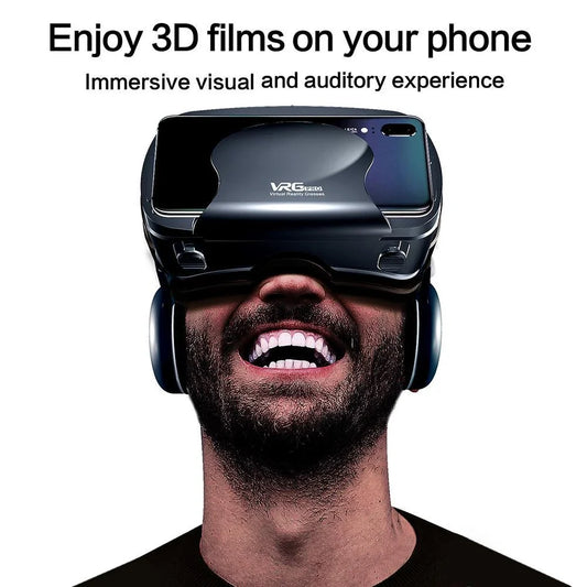 Virtual reality headset with adjustable optics, blue light-blocking lenses, and large headset for immersive 3D experiences on smartphones