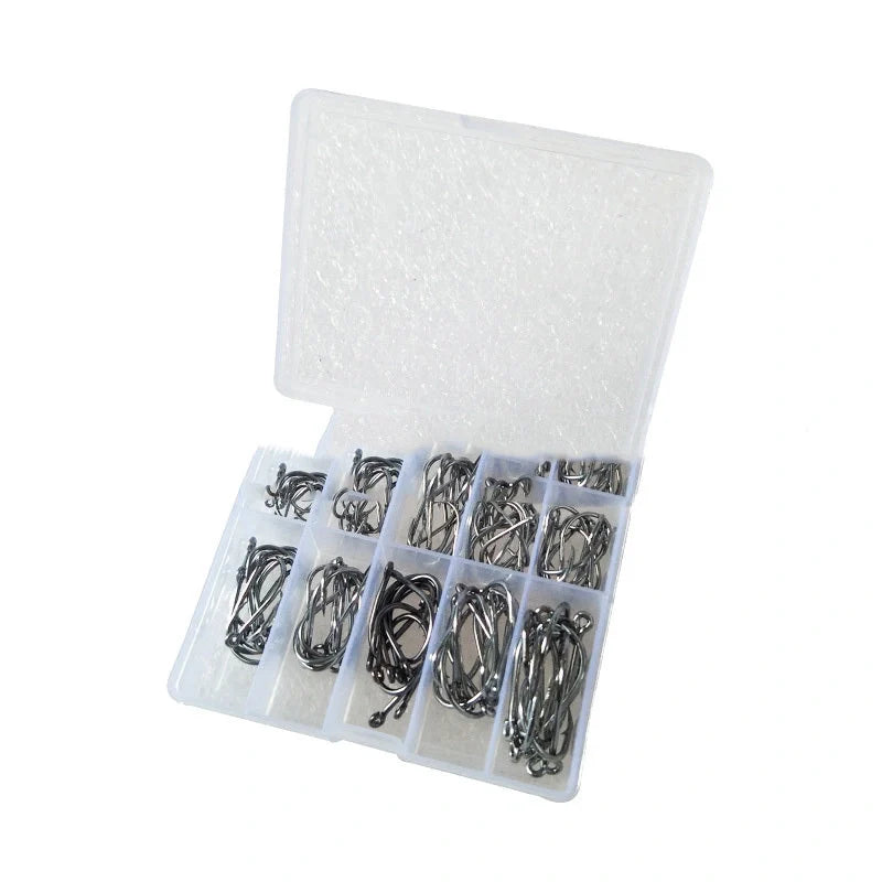 Boxed Fish Hook Set with 100 pieces of Ise Ni 3-12 barbed hooks in gold and black