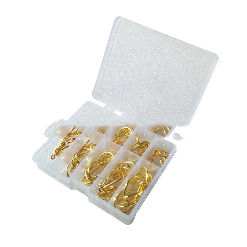 Boxed Fish Hook Set with 100 pieces of Ise Ni 3-12 barbed hooks in gold and black