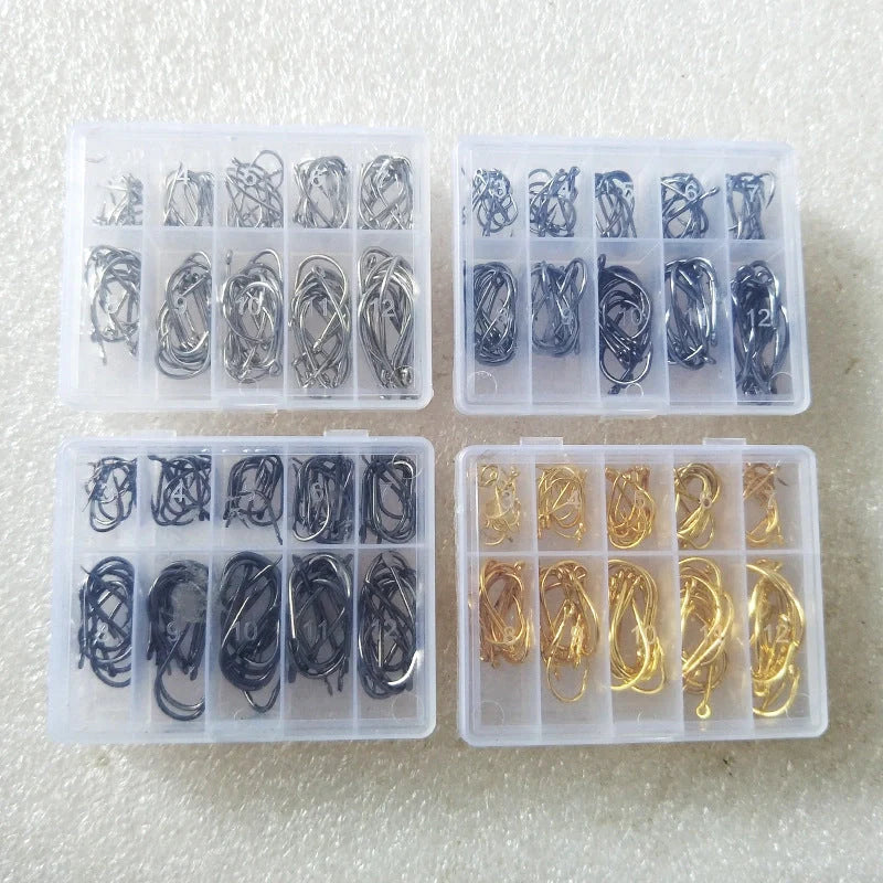 Boxed Fish Hook Set with 100 pieces of Ise Ni 3-12 barbed hooks in gold and black