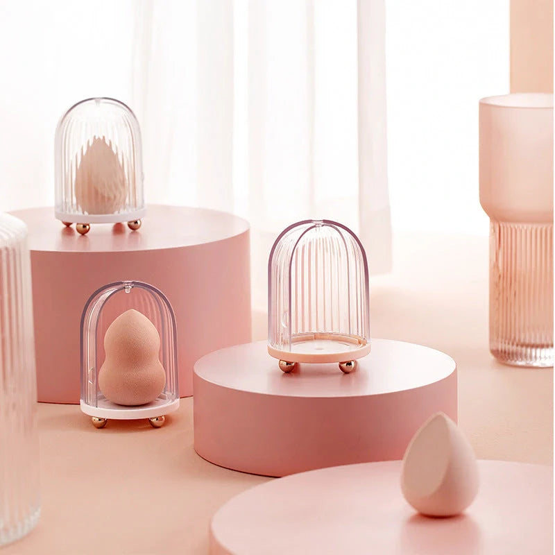 Transparent birdcage cosmetic storage box for makeup sponges