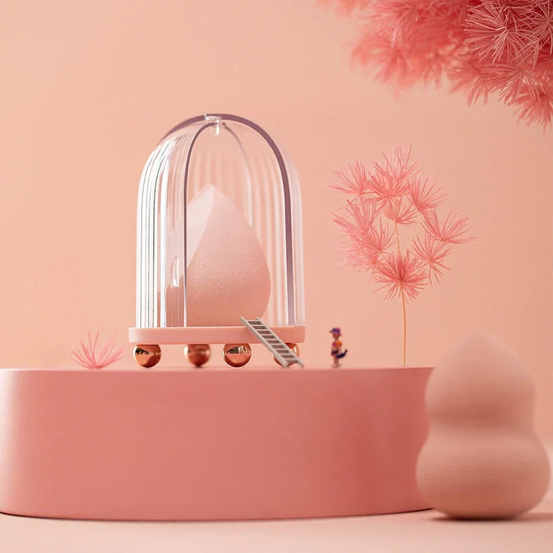 Transparent birdcage cosmetic storage box for makeup sponges