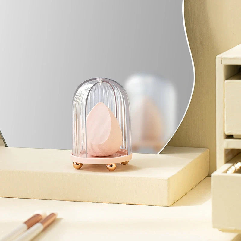 Transparent birdcage cosmetic storage box for makeup sponges