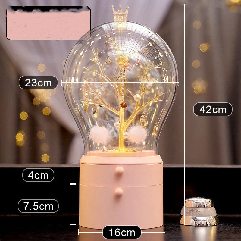 LED illuminated transparent jewelry storage box with 360-degree rotation
