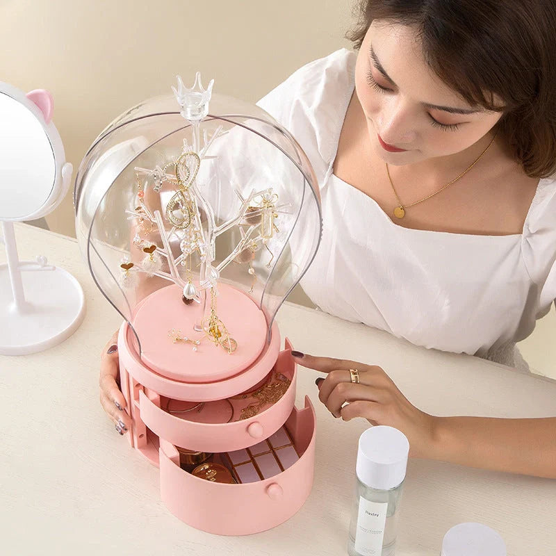 LED illuminated transparent jewelry storage box with 360-degree rotation