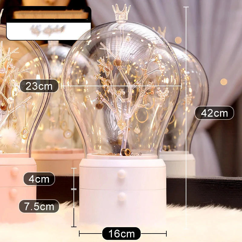 LED illuminated transparent jewelry storage box with 360-degree rotation