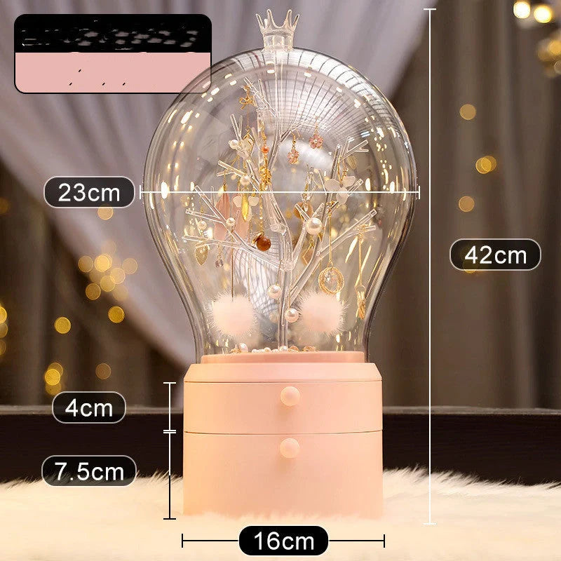 LED illuminated transparent jewelry storage box with 360-degree rotation