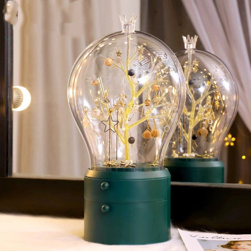 LED illuminated transparent jewelry storage box with 360-degree rotation