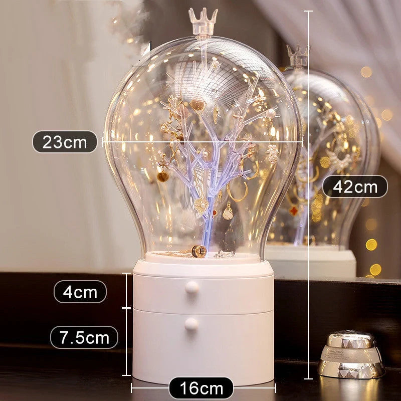 LED illuminated transparent jewelry storage box with 360-degree rotation