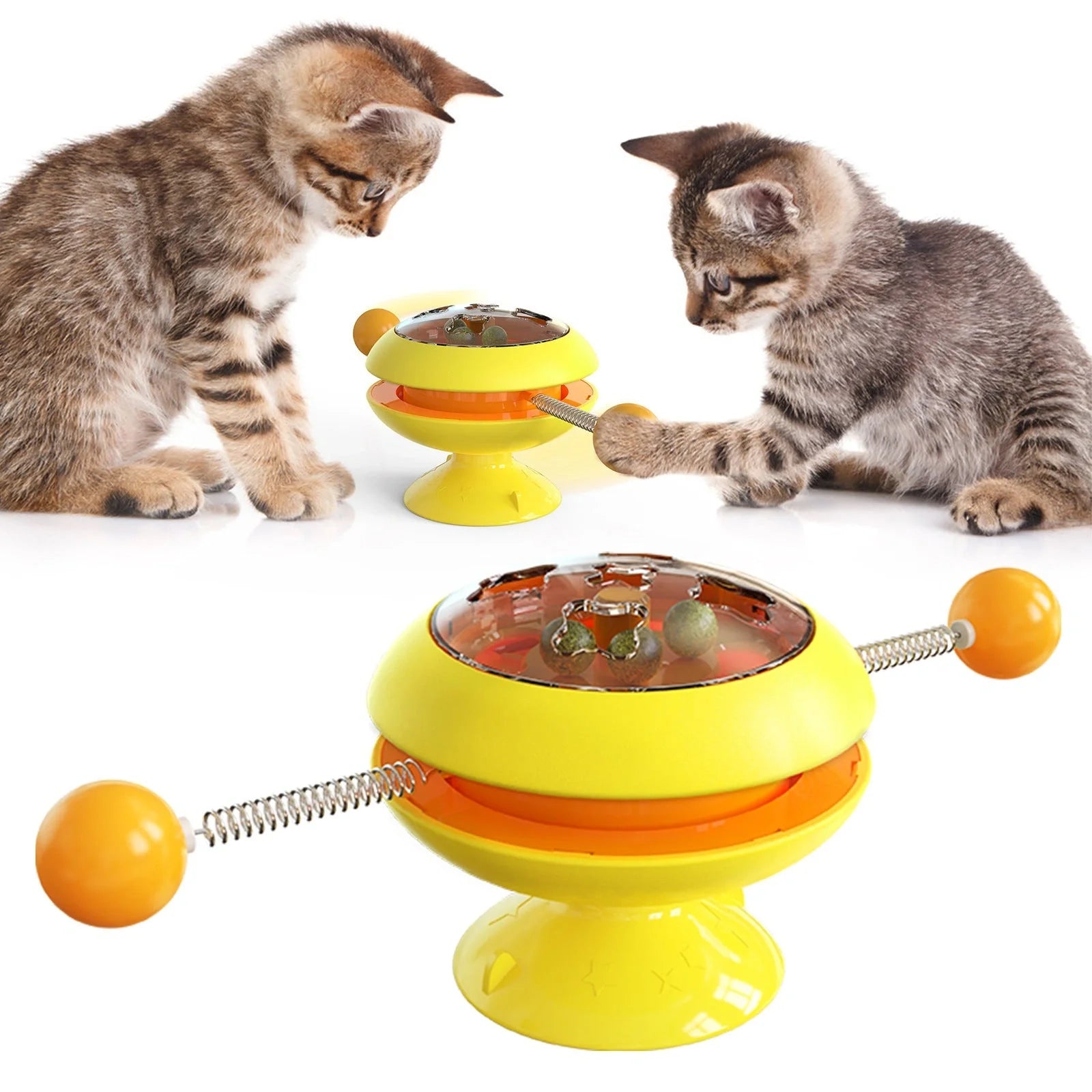 Interactive rotatable cat toy with catnip balls in lake blue, yellow, green, and pink