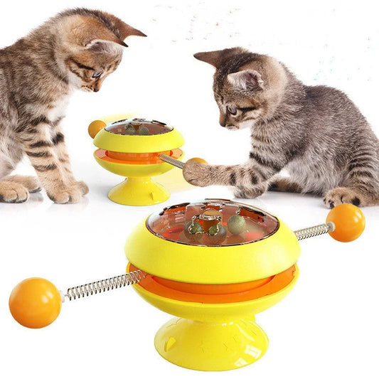 Interactive rotatable cat toy with catnip balls in lake blue, yellow, green, and pink