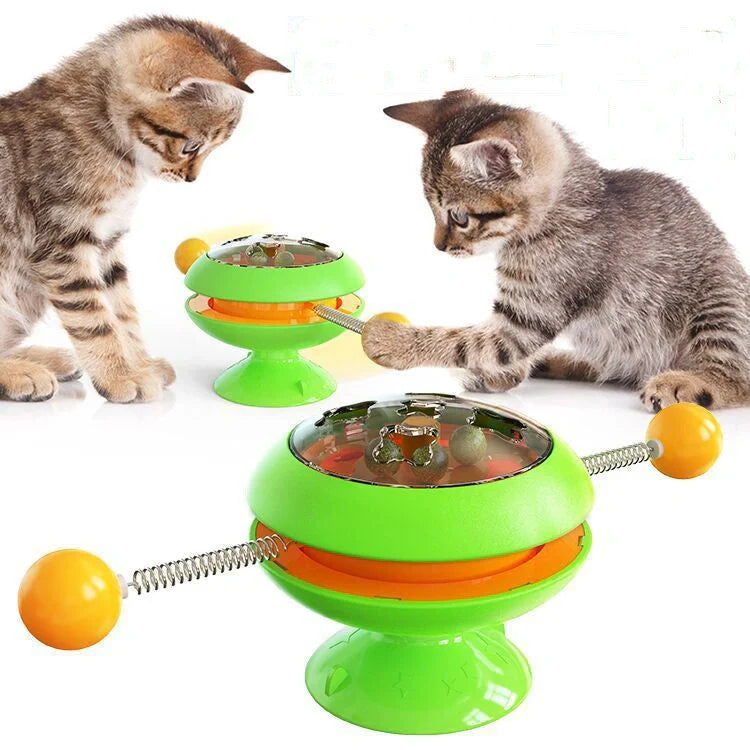 Interactive rotatable cat toy with catnip balls in lake blue, yellow, green, and pink