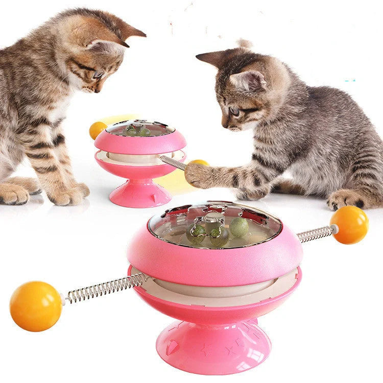 Interactive rotatable cat toy with catnip balls in lake blue, yellow, green, and pink