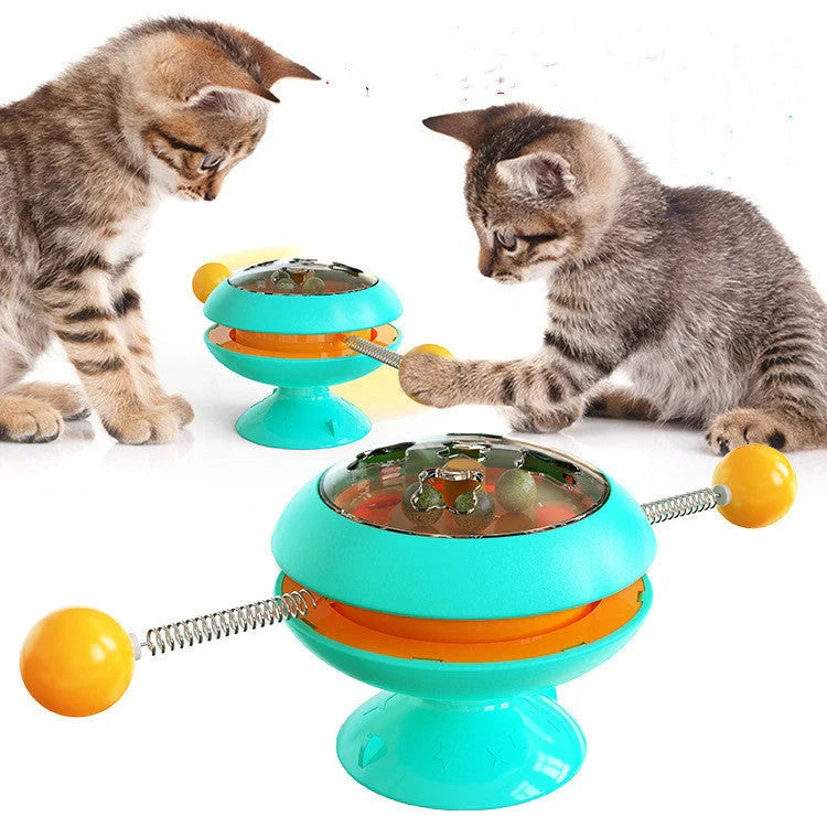 Interactive rotatable cat toy with catnip balls in lake blue, yellow, green, and pink
