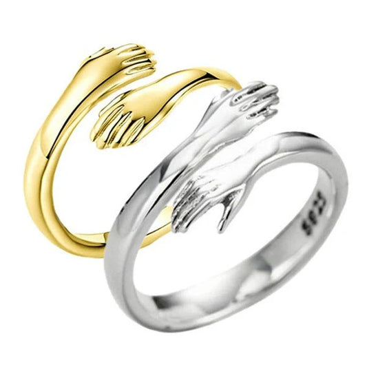 Adjustable Alloy Hands Hug Ring in silver and gold, stylish unisex jewelry