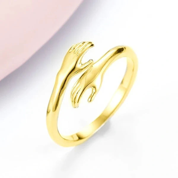 Adjustable Alloy Hands Hug Ring in silver and gold, stylish unisex jewelry