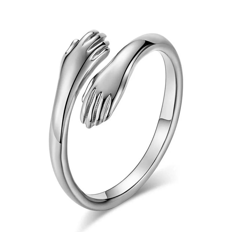 Adjustable Alloy Hands Hug Ring in silver and gold, stylish unisex jewelry