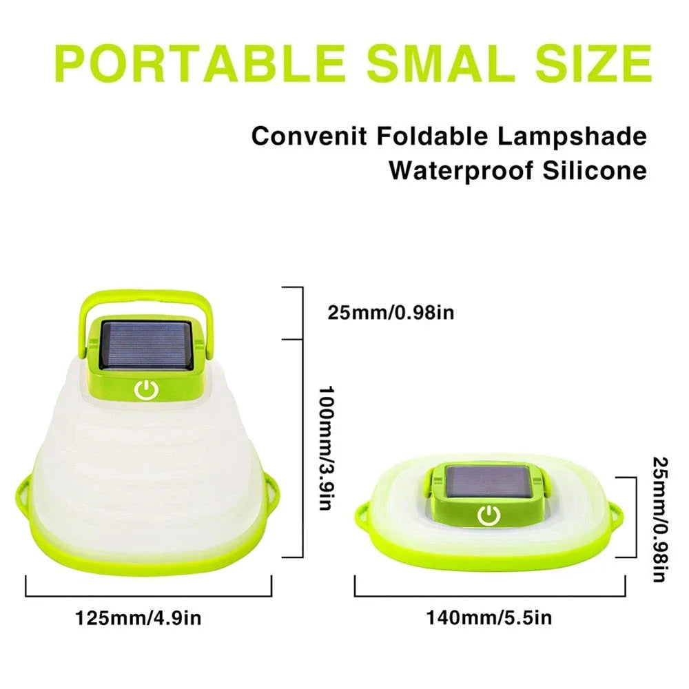 Collapsible camping lantern with solar charging, three brightness levels, and water-resistant design
