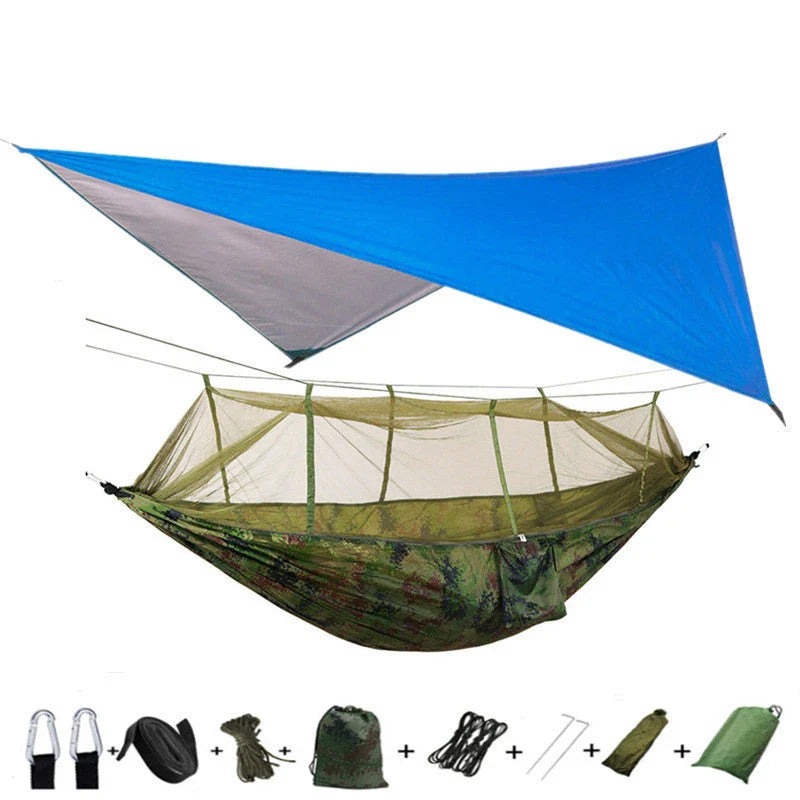 Versatile parachute hammock with mosquito net for outdoor camping and relaxation