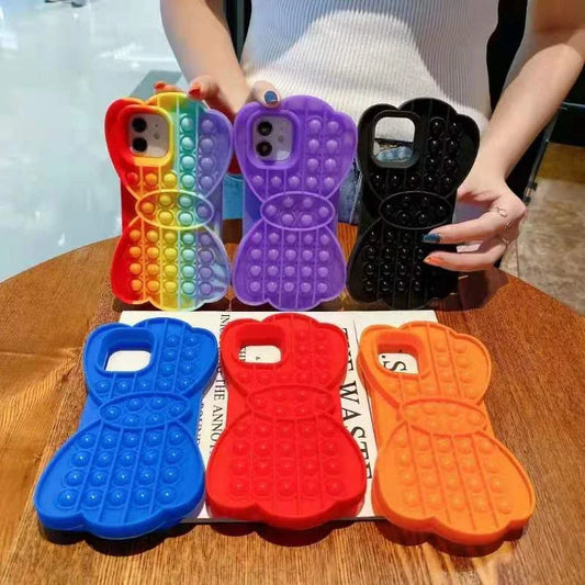 Stress-relieving phone case with colorful bubble fidget feature, suitable for various iPhone models