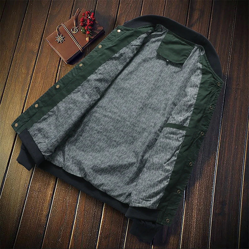 Men's Korean-style single-breasted casual jacket in cotton, available in green and navy blue