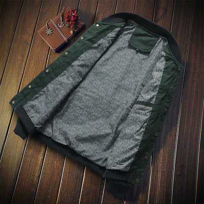 Men's Korean-style single-breasted casual jacket in cotton, available in green and navy blue