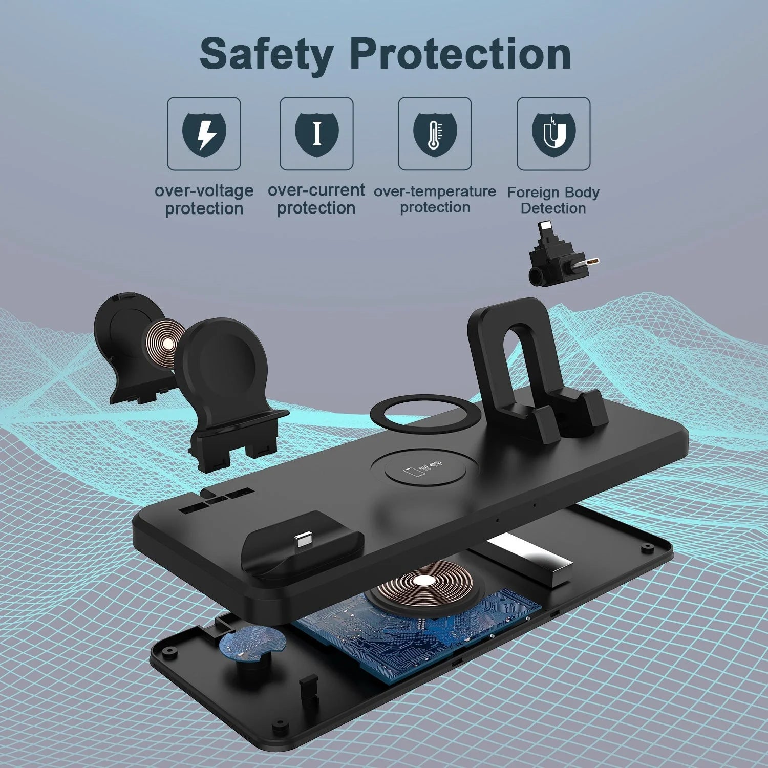 Multifunctional Six-In-One Wireless Charger in hollow black and hollow white