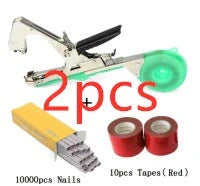 Compact garden hand tool for tying plant stems with plastic tape, measuring 300x200x100mm